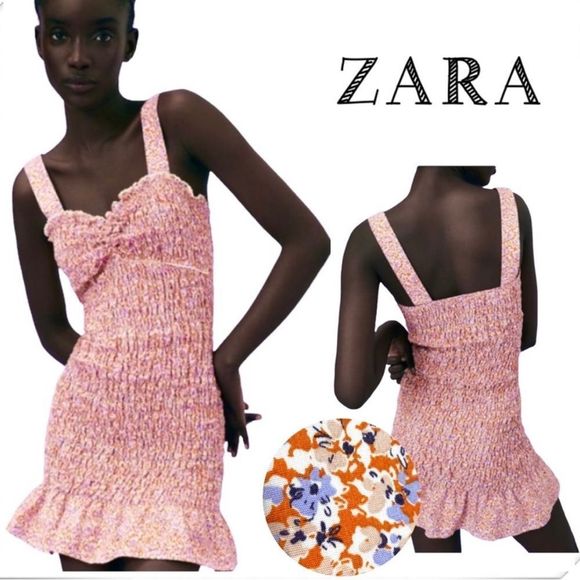 Zara Dresses & Skirts - Zara Women’s Orange Floral Ruffle Smocked Mini Bodycon Boho Dress NWOT Size L